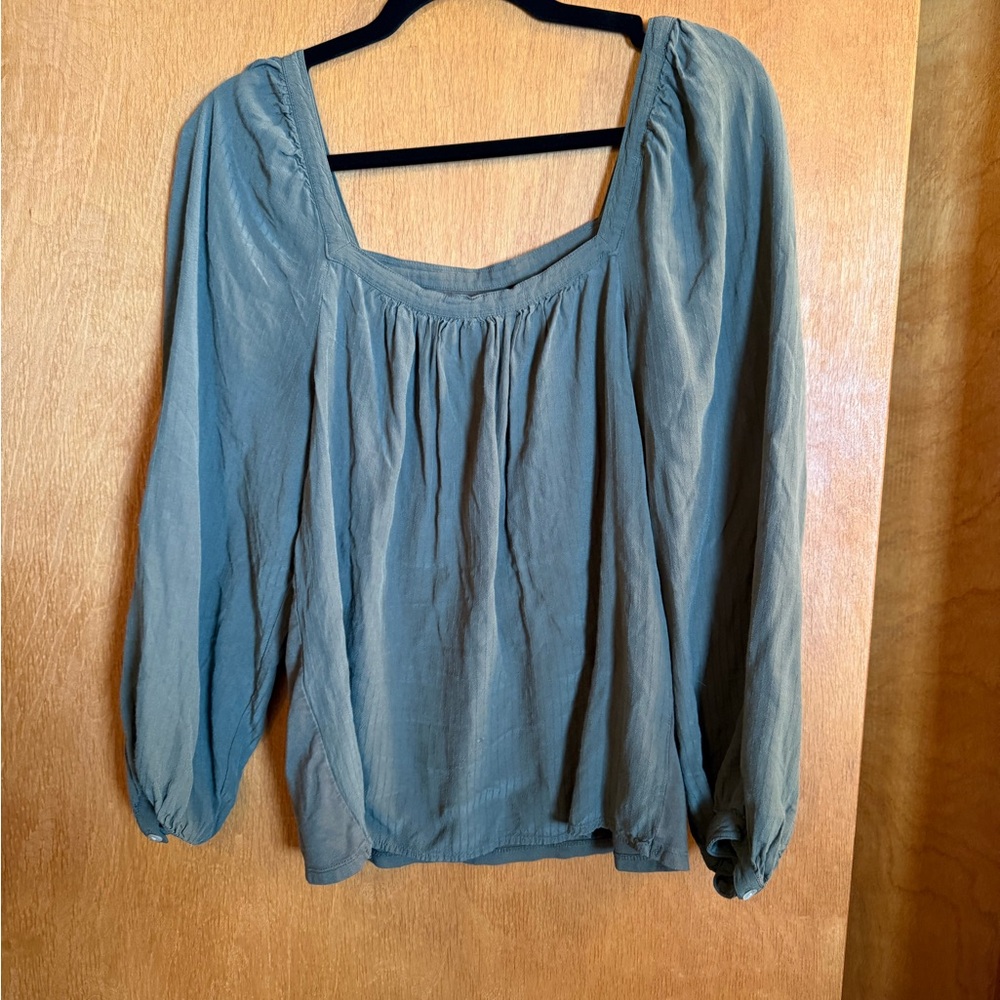 Olive green square neck cottagecore puff sleeve shirt